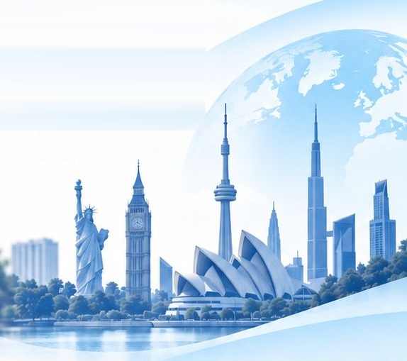 Landmarks of Learn Overseas' study destinations set against a globe