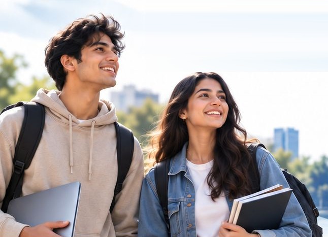 Two students with books and laptops looking ahead